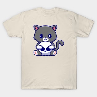 Cute Cat Holding Skull Bone Cartoon T-Shirt